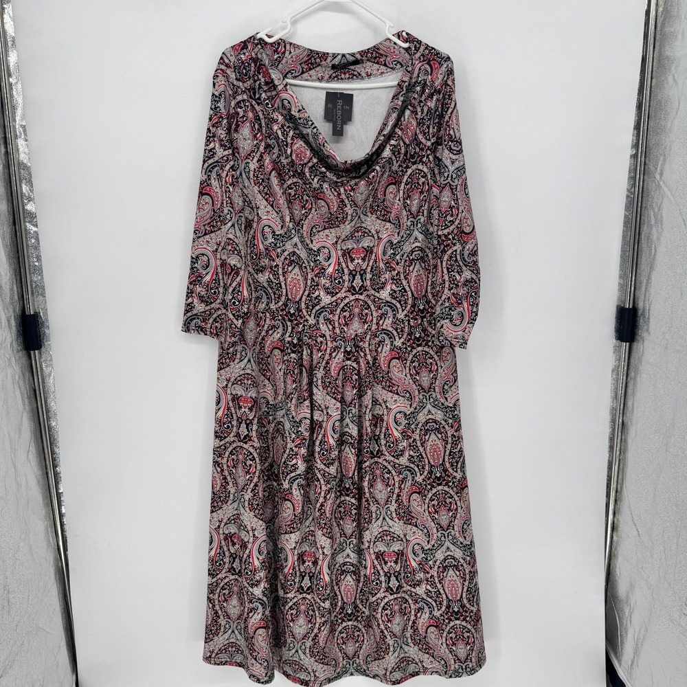 Reborn New York Womens 2X Paisley Cowl Neck 3/4 Sleeve Midi Dress Red Black New‎